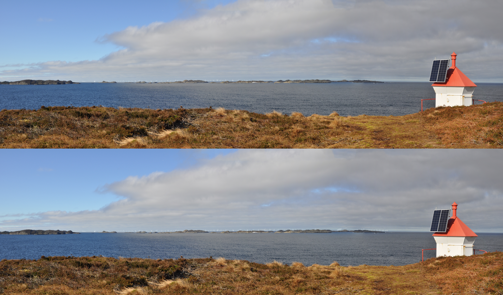 Fotorealistisk visualisering fra Dyrnes, sør på Bømlo. Øverst vises nullalternativet, og under vises etter utbygging. Kilde: Multiconsult.