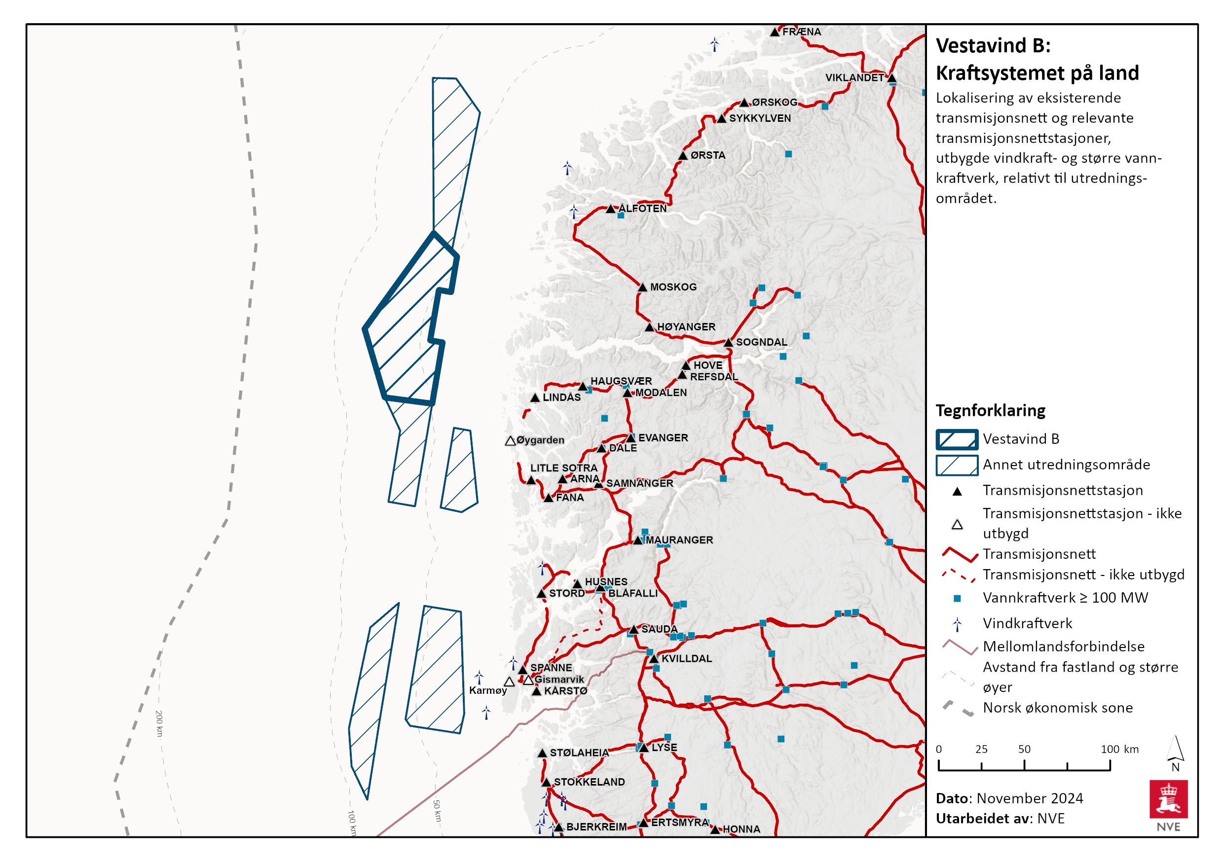 Kartet viser hvor Vestavind B er lokalisert i forhold til eksisterende transmisjonsnett.