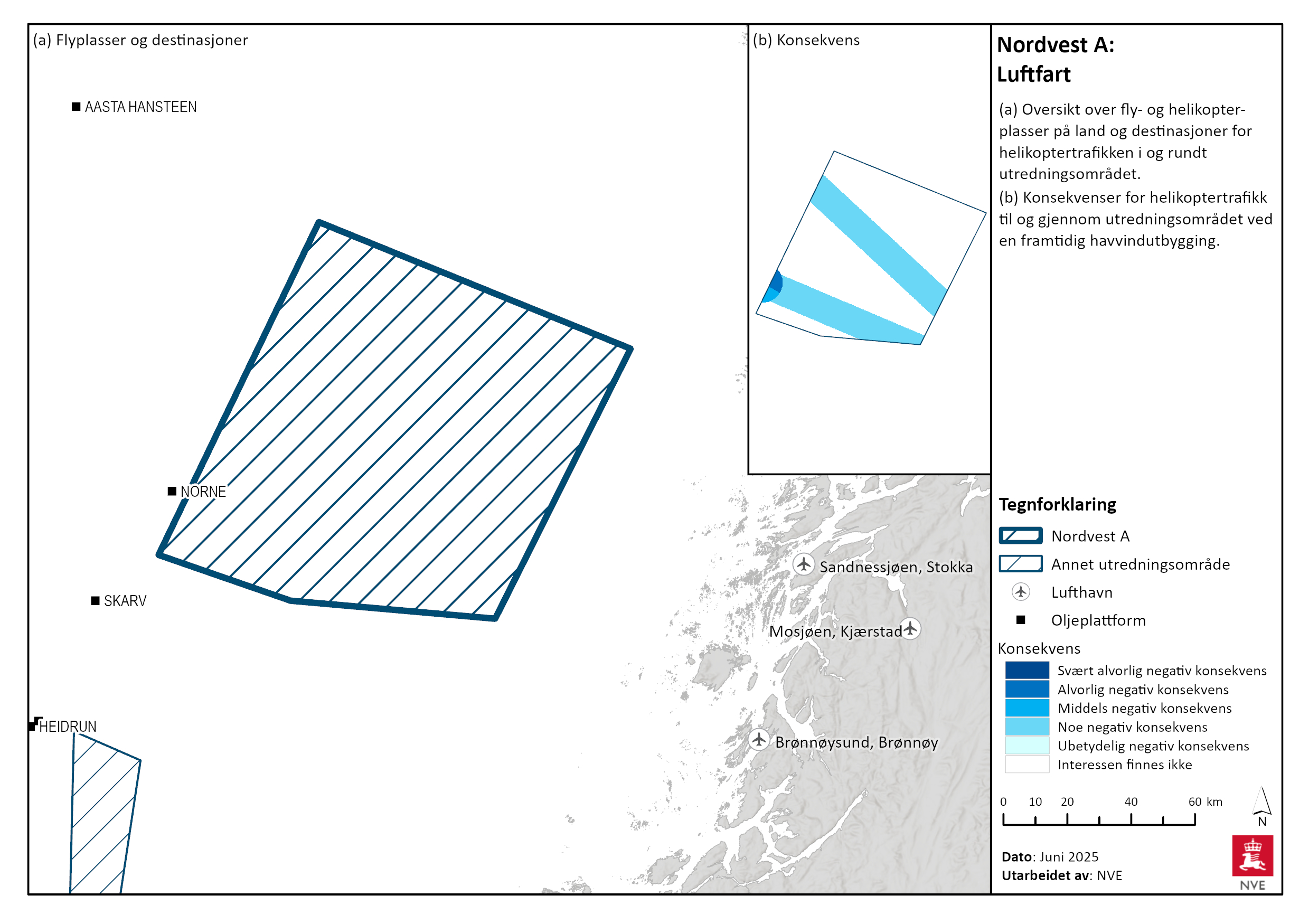 Oversikt over offshore-installasjoner i nærheten av Nordvest A, og konsekvens av utbygging for helikoptertrafikken til og fra installasjonene.