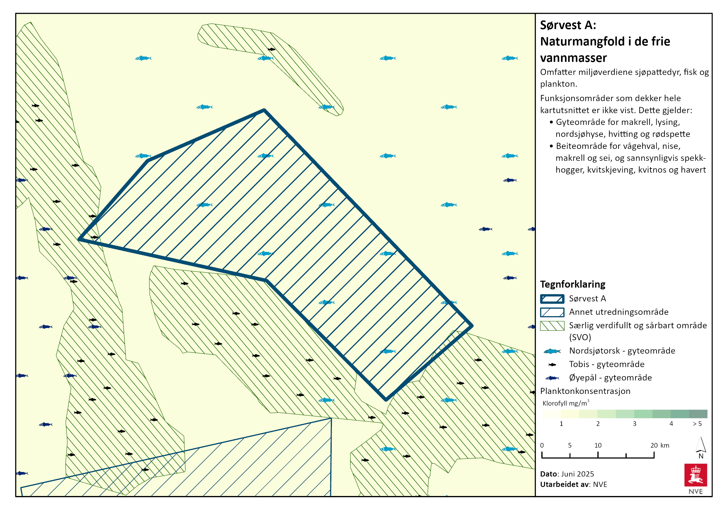 Naturmangfold i de frie vannmasser i Sørvest A. Se tegnforklaring for nærmere beskrivelse, og les mer i tekstene nedenfor.