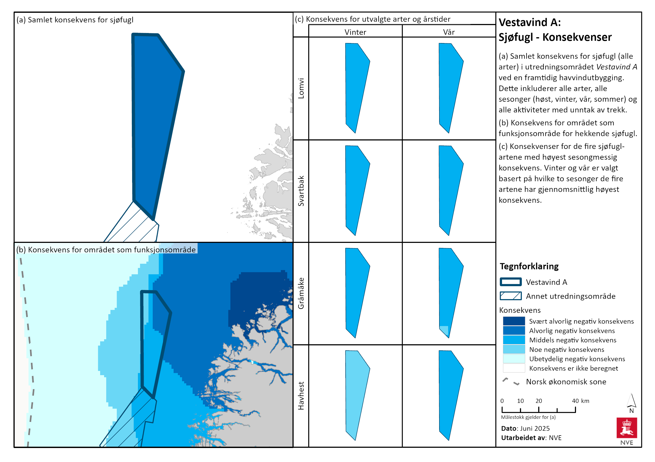 Konsekvens for trekkfugl i Vestavind A. Se tegnforklaring for nærmere beskrivelse, og les mer i tekstene ovenfor.